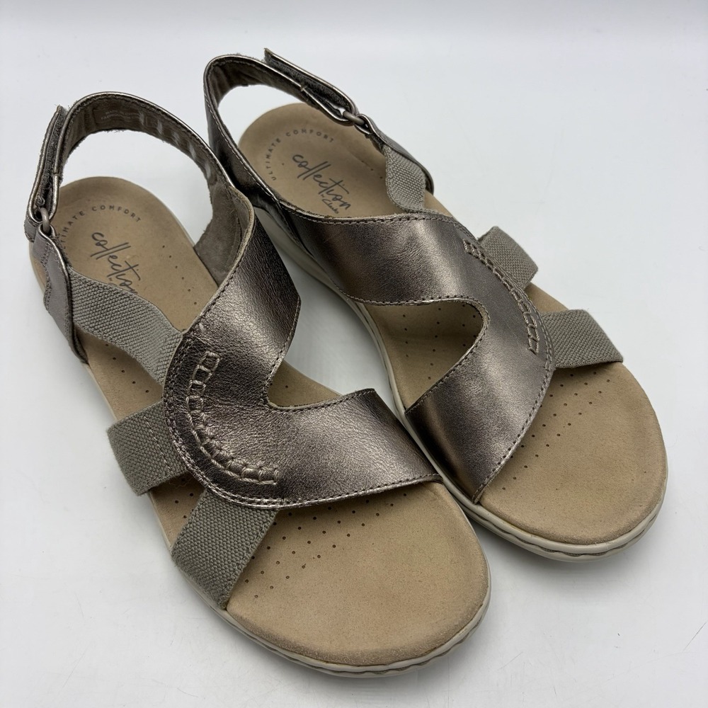 Clarks Collection Sandals Womens 9 Leissa Joy Pewter Metallic Comfort Casual